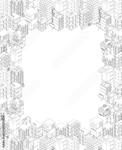 Isometric city buildings. A4 rectangular frame. Gray lines outline contour style. Background real estate. Vector illustration. Copy space for text place. For rent.