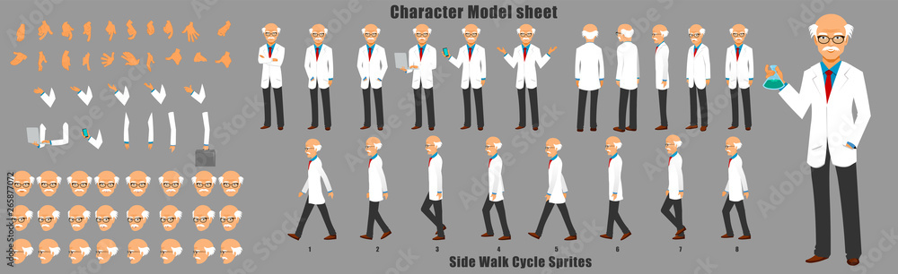 Scientist Character Model Sheet with Walk cycle Animation Sequence