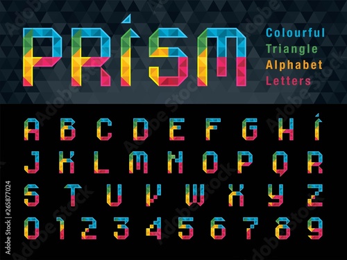 Vector of Geometric Alphabet Letters and numbers, Abstract Colourful Prism Font triangle shape photo