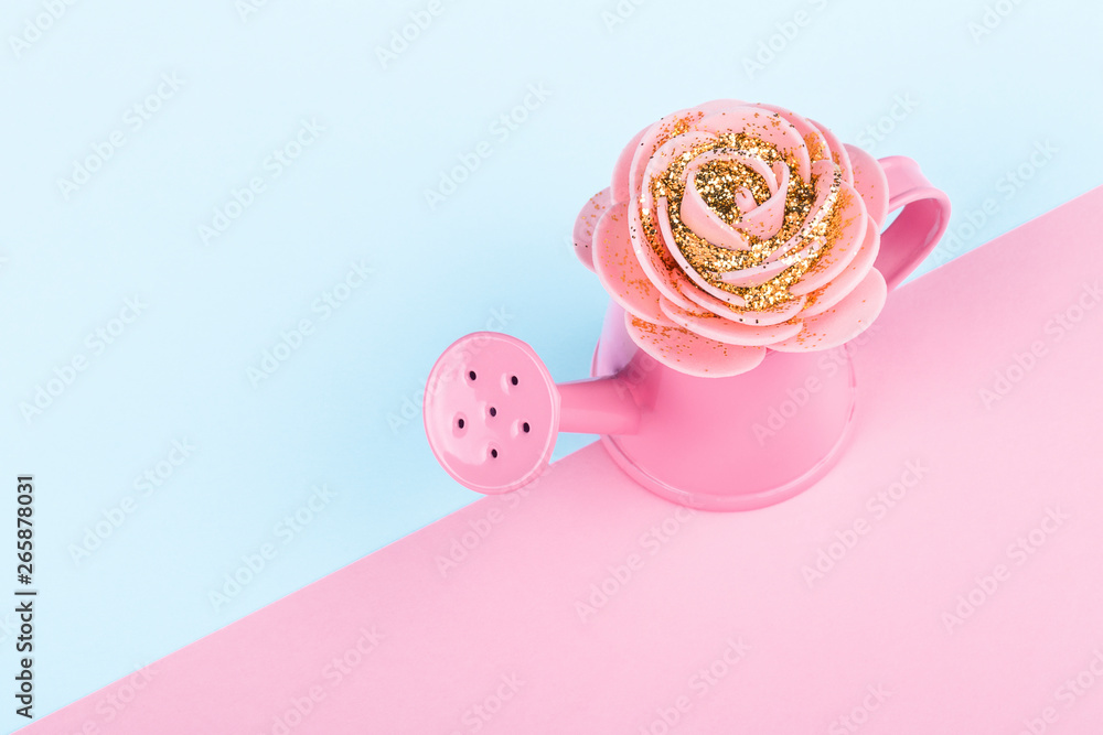 pink watering can with artificial rose on a colored background pink watering can with artificial rose on a colored background
