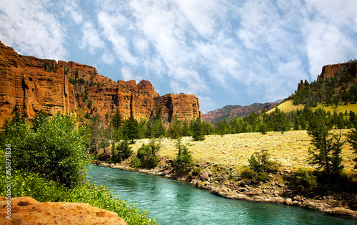 A stream running through a valley dotted with trees between mountain range in a Sunny summer Wyoming landscape photo