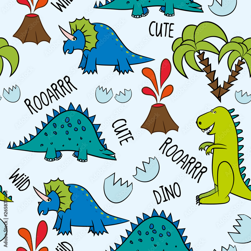 Diono friends. Funny cartoon dinosaurs, bones, and eggs. Cute t rex, characters. Hand drawn vector doodle set for kids. Good for textiles, nursery, wallpapers, wrapping paper, clothes. - Vector