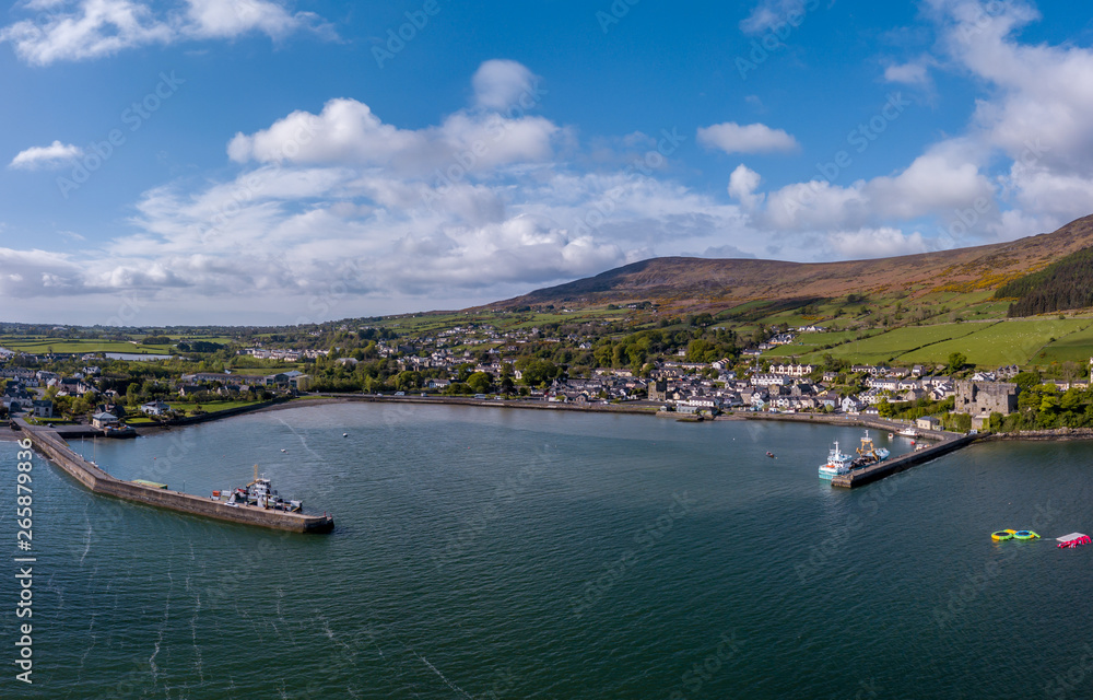 Aerial view of Carlingford Harbour, Carlingford is a coastal town and civil parish in northern County Louth, Ireland.