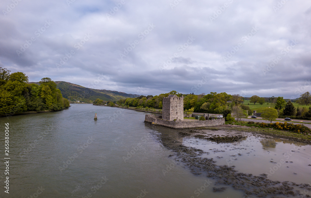 Aerial view of Narrow Water Castle it is a famous 16th-century tower house near Warrenpoint in Northern Ireland.