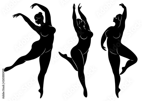 Collection. Silhouette of a cute lady, she is dancing ballet. Woman is overweight. The girl is plump and slim. Woman is ballerina, gymnast. Vector illustration set