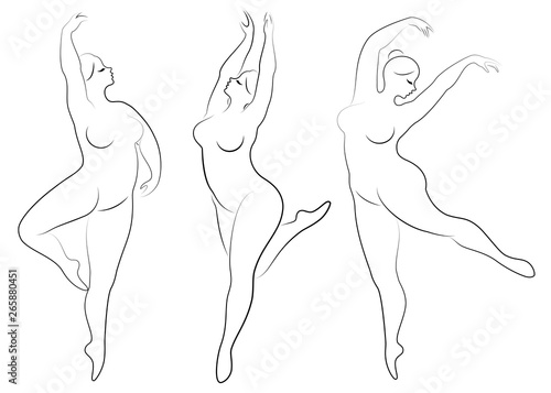 Collection. Silhouette of a cute lady, she is dancing ballet. Woman is overweight. The girl is plump and slim. Woman is ballerina, gymnast. Vector illustration set