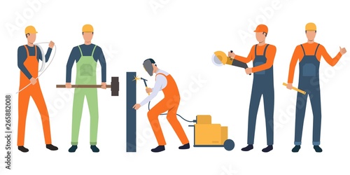 Set of builders, electrician, welder and handymen working. Group of men wearing uniform and holding tools. Vector illustration for building work presentation slide, construction business