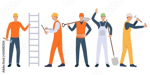 Set of builders, foreman and handymen holding tools and working. Group of men wearing uniform. Vector illustration for building work presentation slide, construction business design