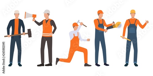 Set of builders, foreman and handymen working. Group of men wearing uniform and holding tools. Vector illustration for building work presentation slide, construction business design