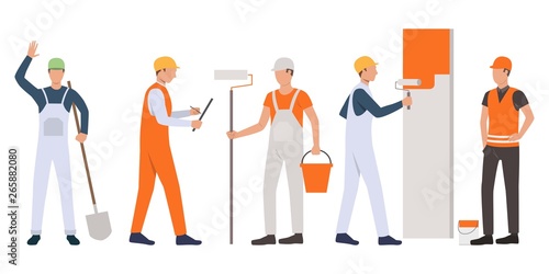 Set of builders, foreman, painters and handymen working. Group of men wearing uniform and holding tools. Vector illustration for building work presentation slide, construction business design