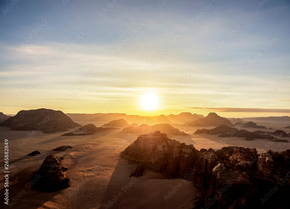 Landscape of Wadi Rum at sunrise, aerial view from a balloon, Aqaba Governorate, Jordan Landscape of Wadi Rum at sunrise, aerial view from a balloon, Aqaba Governorate, Jordan