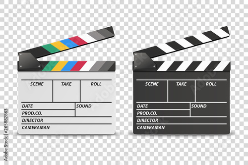 Photo Vector 3d Realistic Opened White and Black Movie Film Clap Board Icon Set Closeup Isolated on Transparent Background