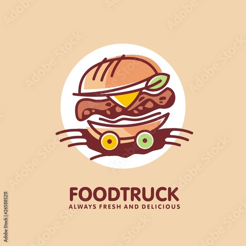 Food truck logo design idea with juicy burger on the wheels. Fast food restaurant symbol. Vector burger icon illustration.