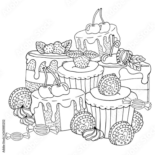 Coloring page with cake, cupcake, candy and other dessert with berry