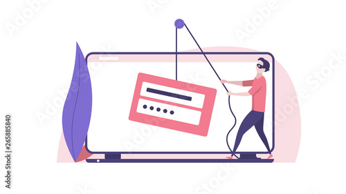 Concept of hacker attack, fraud investigation, internet phishing attack, evil win, personal privacy data, hacking and stealing email and money with tiny people. Vector illustration in flat design