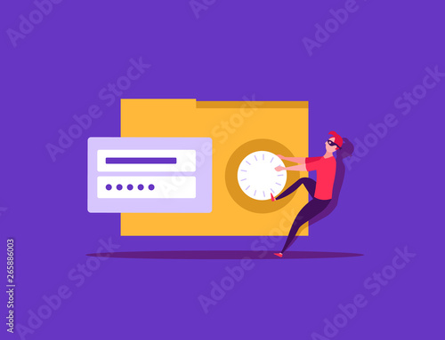 Concept of hacker attack, fraud investigation, internet phishing attack, evil win, personal privacy data, hacking and stealing email and money with tiny people. Vector illustration in flat design