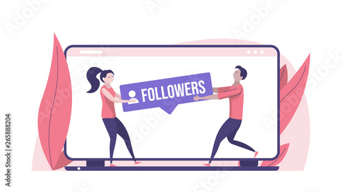 Concept of video blog, subscribe, bloggers, channel, internet marketing and social media marketing. Vector illustration in flat design with tiny people