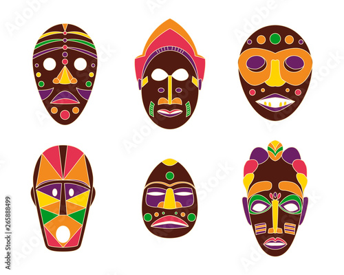 Set of colored flat tribal African masks on white background