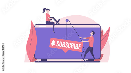Concept of video blog, subscribe, bloggers, channel, internet marketing and social media marketing. Vector illustration in flat design with tiny people