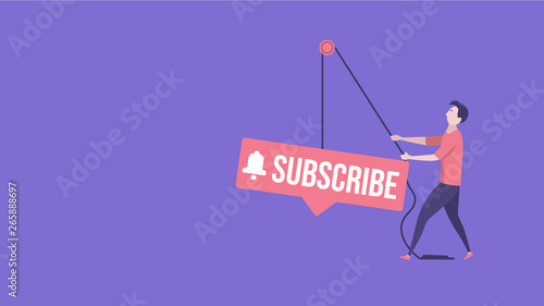 Concept of video blog, subscribe, bloggers, channel, internet marketing and social media marketing. Vector illustration in flat design with tiny people