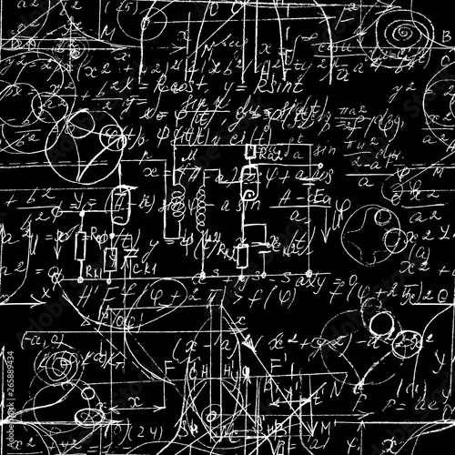 Scientific seamless texture with handwritten formulas and electronic components. Drawing of various graph solutions on chalk boards. Physics and schematic diagram and circuit of  the devices. Vector.