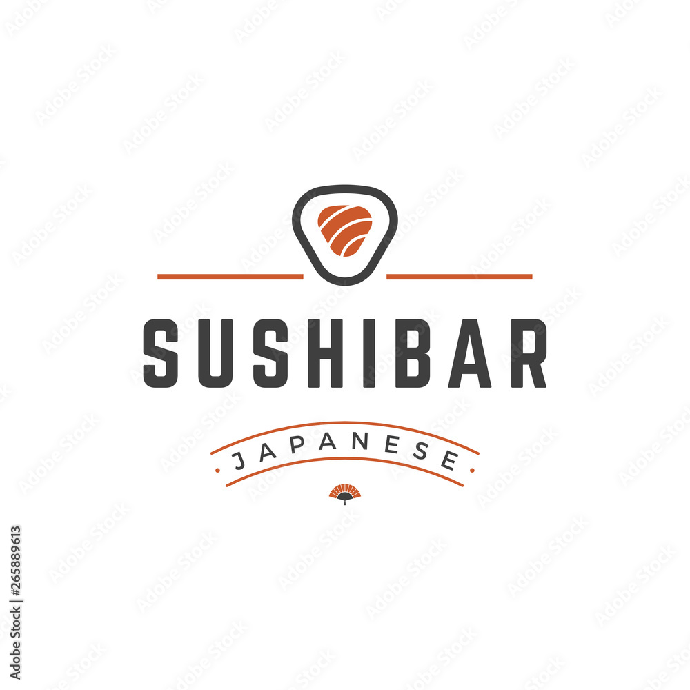 Sushi shop emblem template salmon roll silhouette with retro typography vector illustration Sushi shop emblem template salmon roll silhouette with retro typography vector illustration