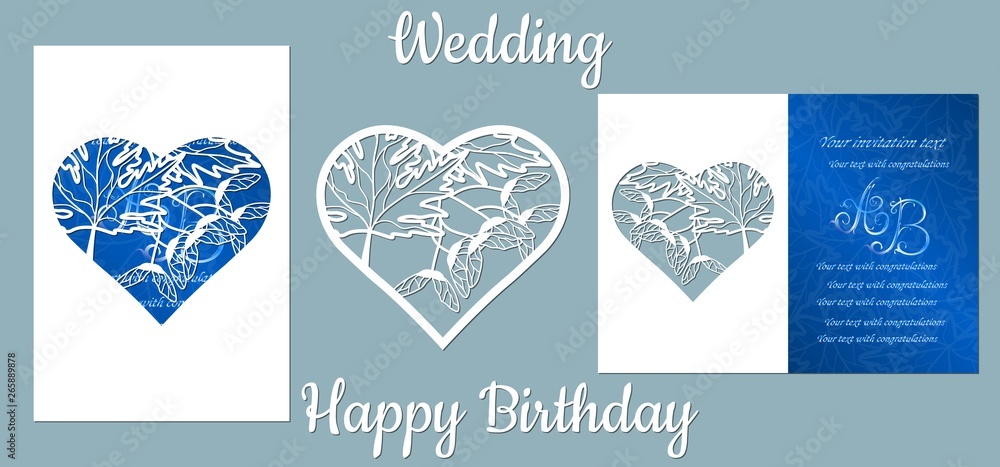 The inscription-happy birthday, wedding. Maple, leaves. Card maple, leaves, in heart, and space for text. Laser cutting template for greeting cards, invitations, decorative elements. Vector.