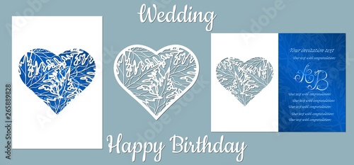 The inscription-happy birthday  wedding. Maple  leaves. Card maple  leaves  in heart  and space for text. Laser cutting template for greeting cards  invitations  decorative elements. Vector.