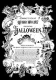 Hand drawn toxic and thriller Halloween celebration card and flayer with lettering and scary human skulls and skeleton parts. Halloween poster and banners decoration background Vector.