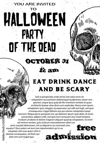 Halloween costume party invitation and greeting card, flyer, banner, poster template. Hand drawn skull and bones elements and handwritten ink lettering. Lot of space for text. Vector.