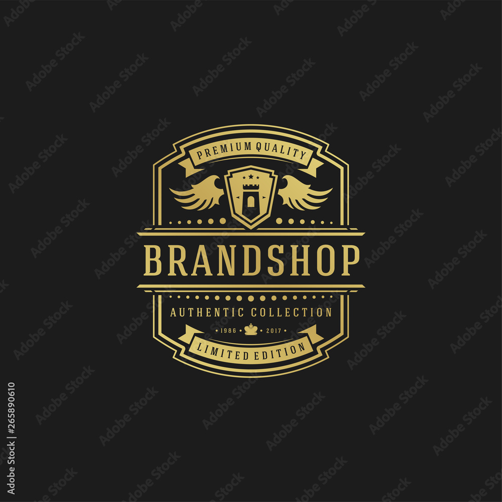 Fototapeta premium Luxury logo design template vector illustration victorian vignettes ornaments.