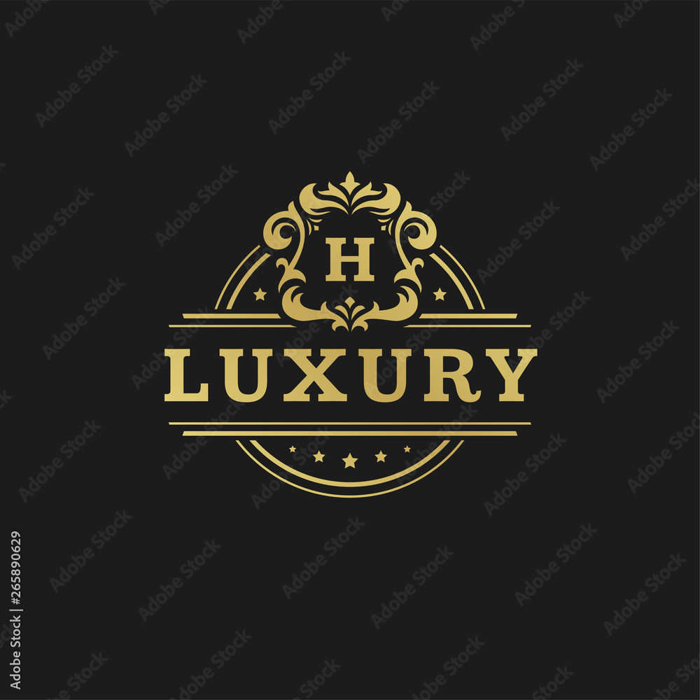 Fototapeta premium Luxury logo design template vector illustration victorian vignettes ornaments.