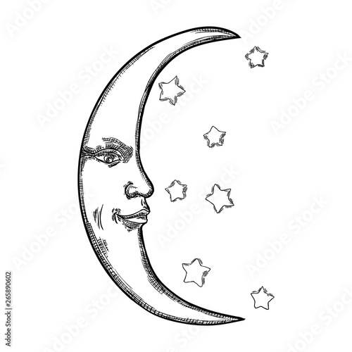 Hand drawn sketch of crescent moon human like face or anthropomorphic planet in black and white, isolated on white. Detailed antique vintage style stipple drawing. Vector.