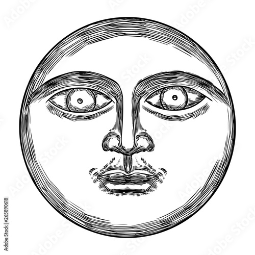 Hand drawn sketch of moon human like face or anthropomorphic planet in black and white, isolated on white. Detailed vintage style stipple drawing. Vector.