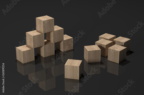 Wooden cubes on the mirror surface 3d rendering