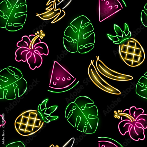 Seamless pattern with neon pineapple, banana, monstera leaf and hibiscus on black background. Exotic, summer, tropical, food concept. Vector 10 EPS illustration.