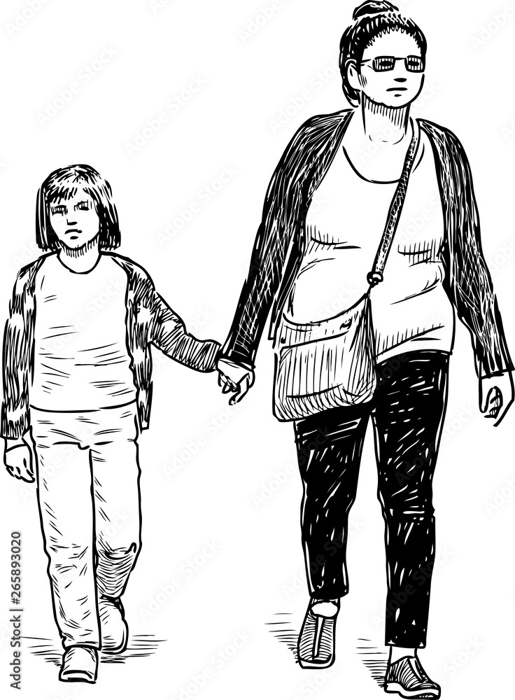 Sketch of a townswoman with her child going down the street Sketch of a townswoman with her child going down the street