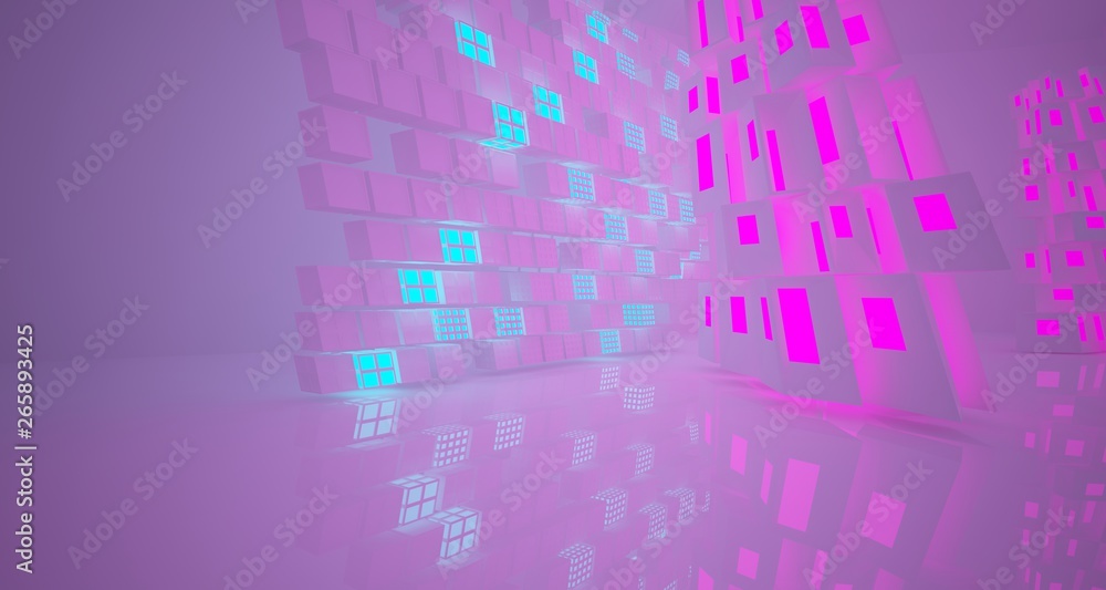 Abstract white Futuristic Sci-Fi interior With Pink And Blue Glowing Neon Tubes . 3D illustration and rendering. Abstract white Futuristic Sci-Fi interior With Pink And Blue Glowing Neon Tubes . 3D illustration and rendering.