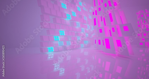 Abstract  white Futuristic Sci-Fi interior With Pink And Blue Glowing Neon Tubes . 3D illustration and rendering.