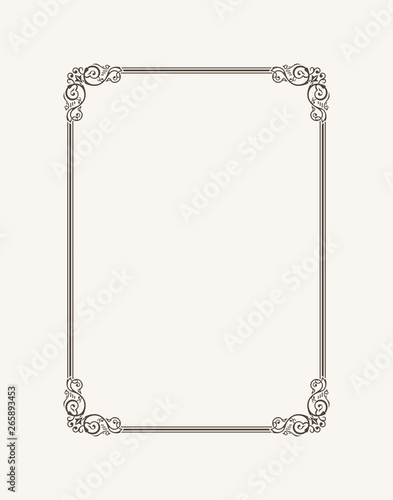 Vintage calligraphic frame. Black and white vector border of the invitation, diploma, certificate, postcard