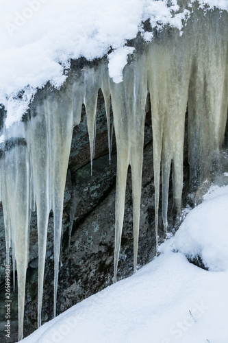 Icicles hanging over rock in the forest © Juhku