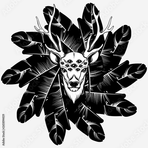 Vector hand drawn illustration of deer with palm leaves isolated.