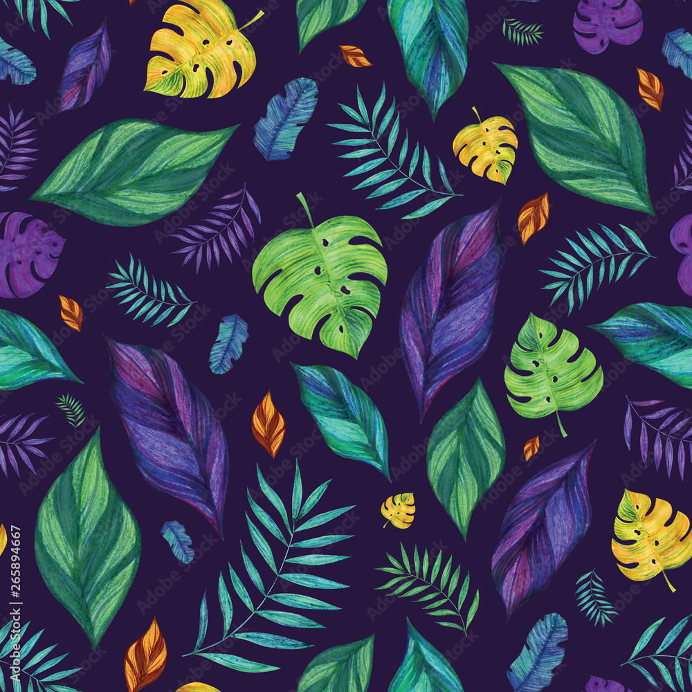 Fototapeta Seamless jungle pattern. Tropical leaves on a dark violet background. Bright colors.