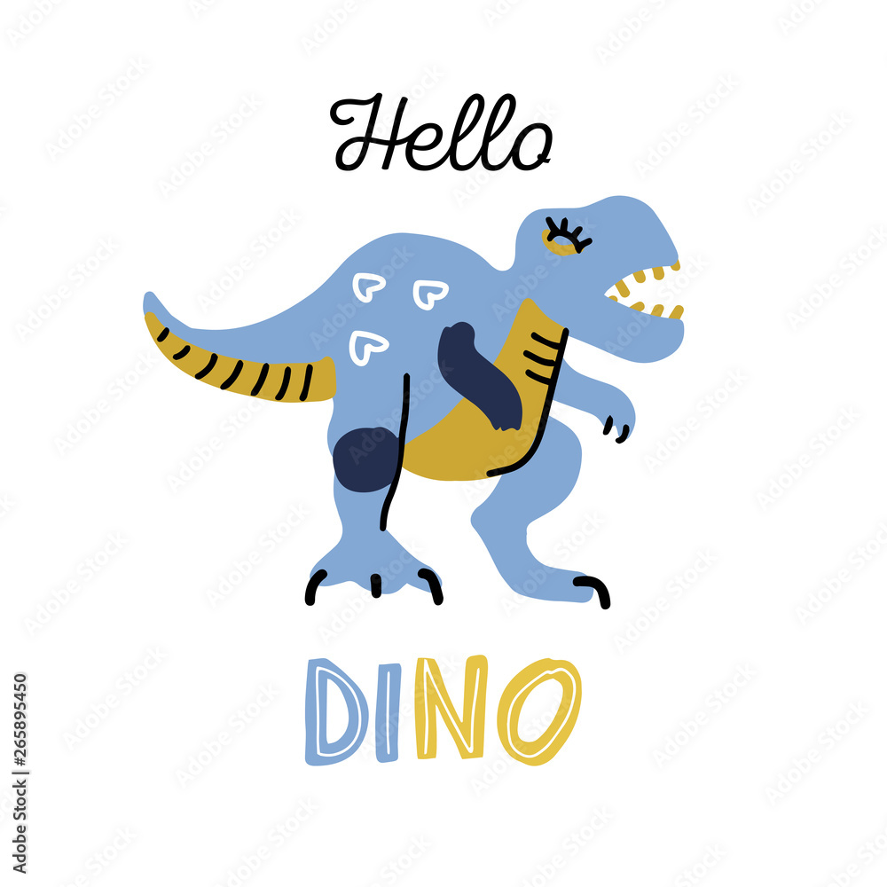 Cartoon little dinosaur. Cute dino color hand drawn vector character. T-rex  flat clipart with lettering qoute hello dino. Sketch jurassic reptile.  Isolated cartoon print for kids game, textile, book Stock Vector |