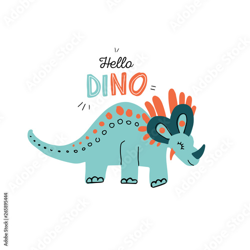 hand grawn simple Illustration of cute Triceratops isolated on white background with lettering quote hello dino. Funny cartoon dinosaur. Vector illustration in scandinavian flat style. Pastel colors photo