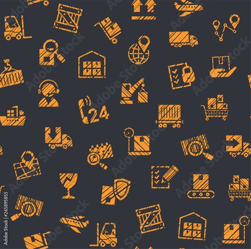 Cargo delivery  seamless pattern  color  pencil hatching  badges  gray and orange  vector. Cargo transportation and delivery of goods. Vector flat seamless pattern. Imitation of pencil hatching.  