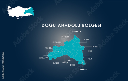 Turkey Eastern Anatolia Region Map ( Turkish Turkiyenin Dogu Anadolu Bolgesi Erzurum, Ardahan, Erzincan, Kars, igdir, Tunceli, Malatya, Elazig, Bingol, Mus, Bitlis, Hakkari, Van, Agri,Haritasi)