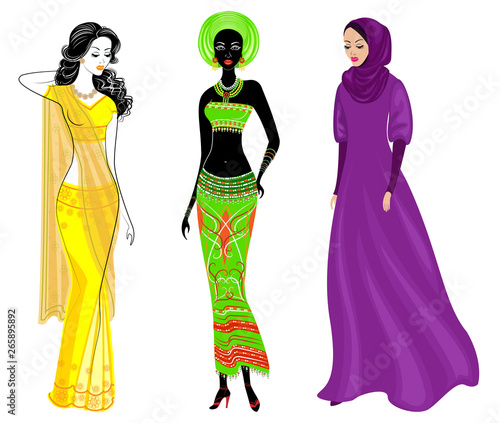 A collection of beautiful ladies. A Muslim, an African-American girl and an Indian woman. National clothes. Set of vector illustrations