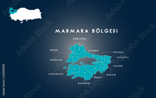 Map of Turkey Marmara Region (Turkish Turkiyenin marmara bolgesi, Edirne, Tekirdag, Canakkale, Balikesir, Bursa, Bilecik, Yalova, Sakarya, Kocaeli, istanbul, Kirklareli haritasi)