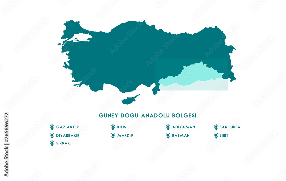 Turkey Southeastern Anatolia Region Map ( Turkish Turkiyenin Guneydogu Anadolu Bolgesi, Adiyaman, Gaziantep, Kilis, Sanliurfa, Mardin, Batman, Sirnak, Siirt, Diyarbakir Haritasi)